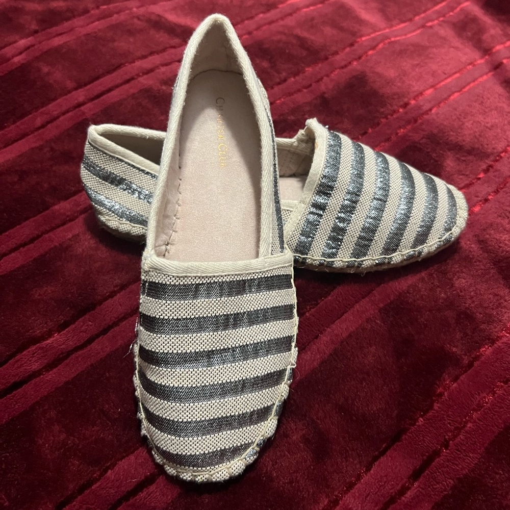CHARTER CLUB Espadrille Slip On Shoe Canvas Silver Stripes Metallic
